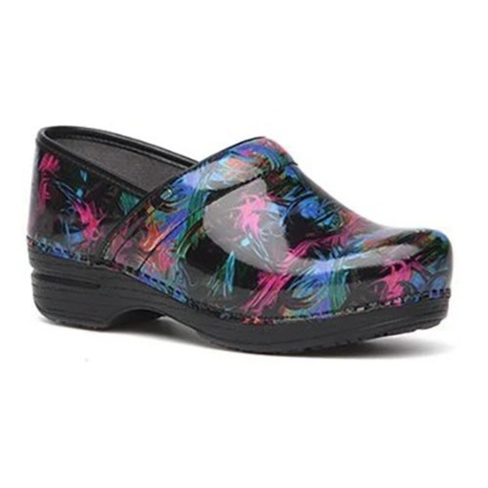 Dansko Black Patent Clog with Multicolor Brushstroke Print